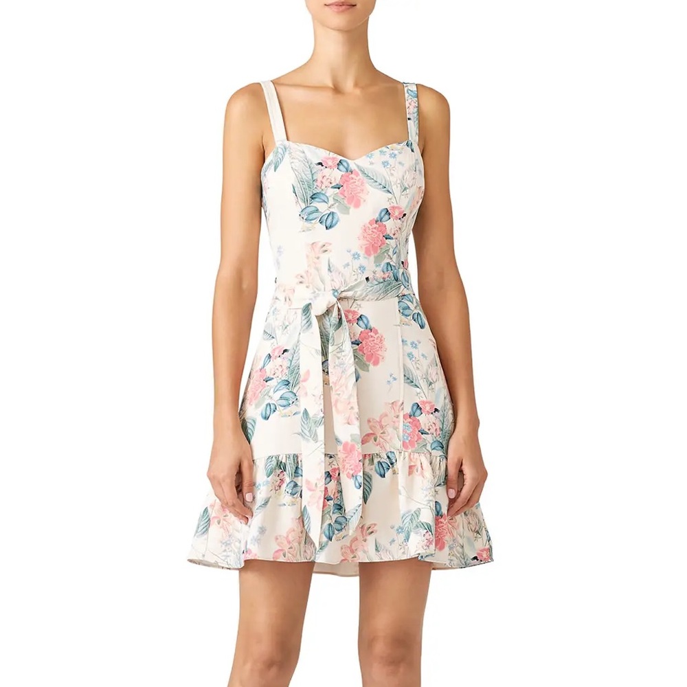 Parker White Floral Mini Dress with Pink Cream Blue Accents Sweetheart Neckline